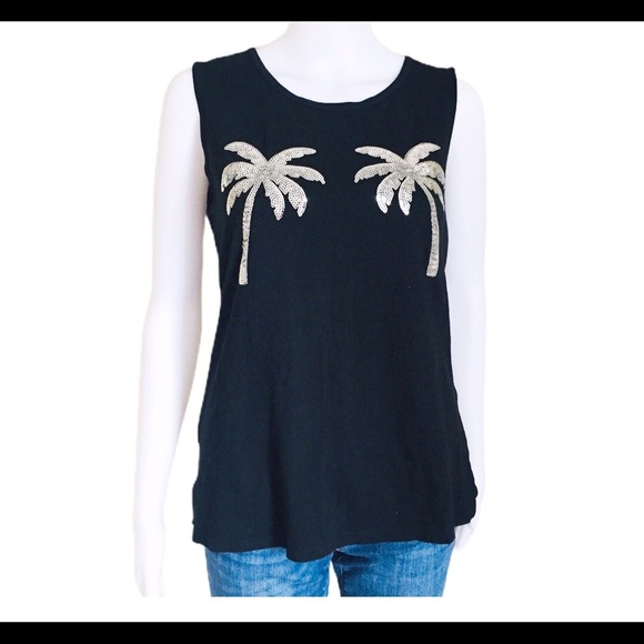 PINK Victoria’s Secret Bling Campus Palm Tree Sequin Detail Tank Black Sz Small - Picture 3 of 9